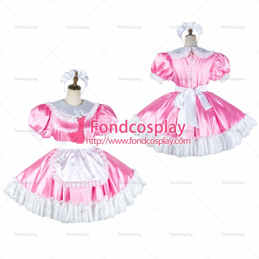 

fondcosplay adult sexy cross dressing sissy maid short baby pink satin dress lockable Uniform white apron Tailor-made[G2033]