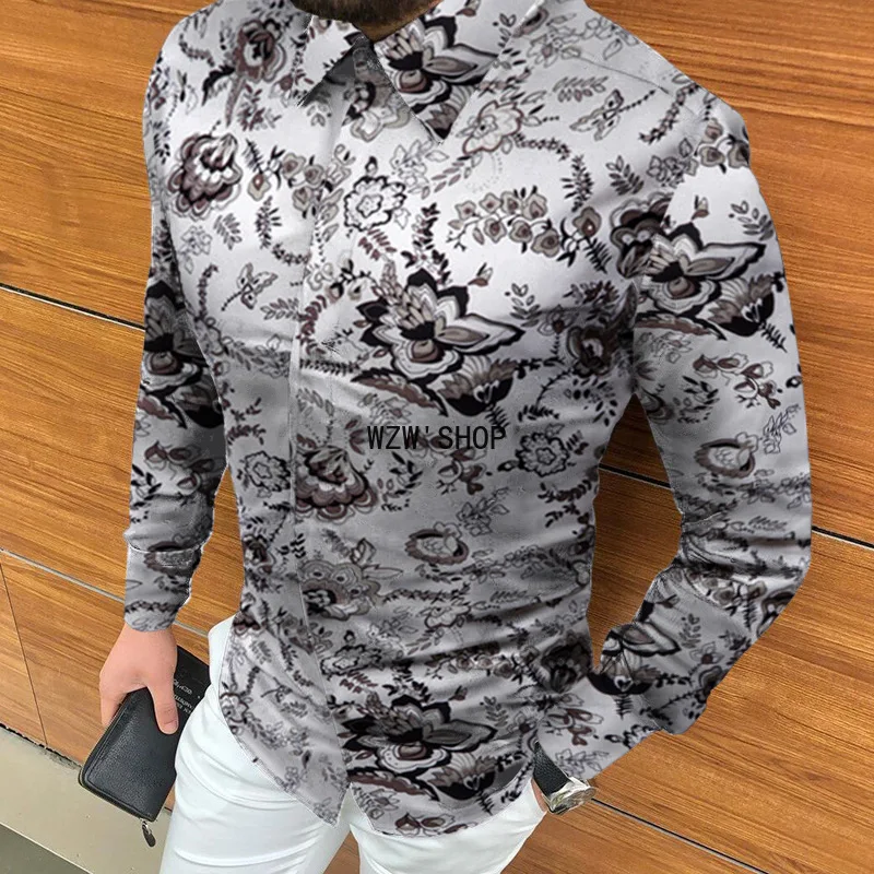 

Summer Fashion Slim Shirt Autumn Vintage Pattern Printed Long Sleeve Shirts Men Casual Men Turn-down Collar Button Free Shipping