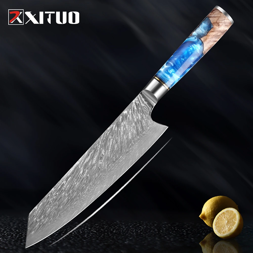 

Нож шеф-повара XITUO Kiritsuke VG10, японские кухонные ножи из дамасской стали с синей полимерной ручкой, мясницкий нож для нарезки, приготовления пи...