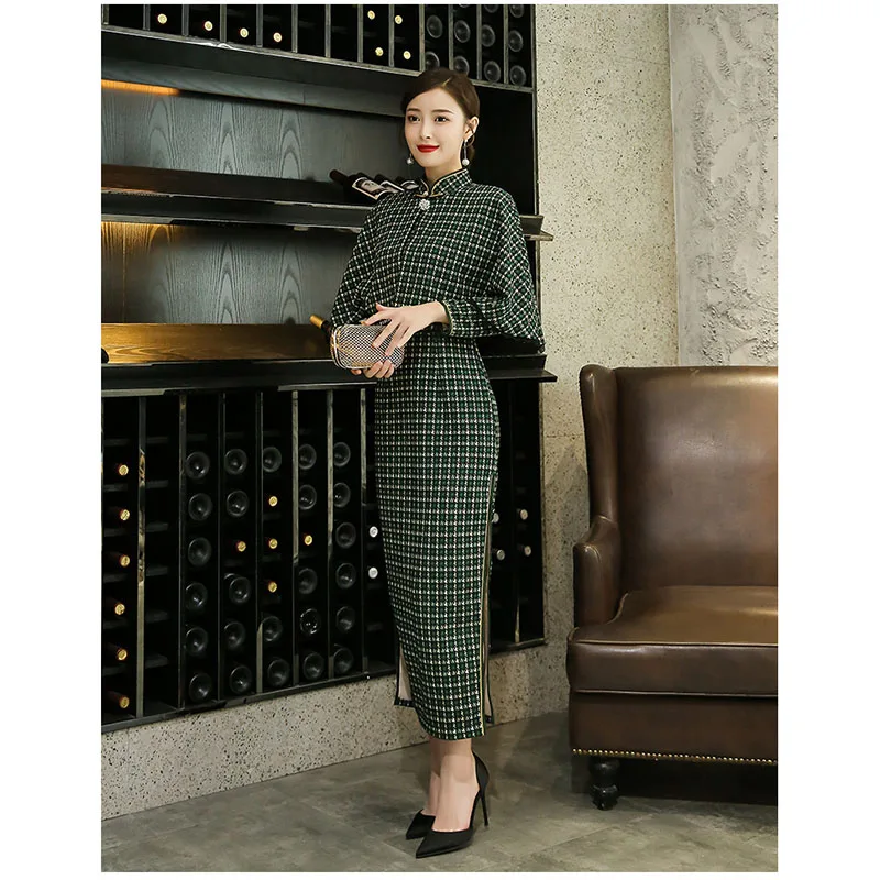 Vintage Cheongsam Elegant Women's Traditional Chine Clothes Black Polyester Female Modern Autumn Long Qipao Party Evening Dresse