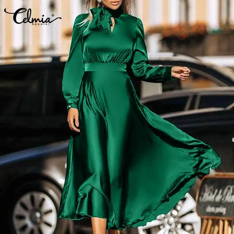 

Celmia Bow Tie Satin Long Dress Elegant Lady Long Sleeve Sheath Vestidos Women 2022 Fashion Commute Wrap Kleid Y2K Maxi Robes
