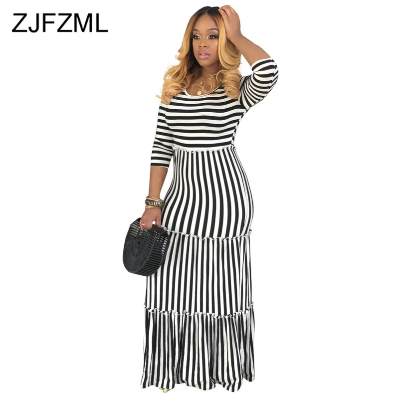

Black White Stripe Bohemian Long Dress Women Round Neck Three Quarter Sleeve Beach Dress Summer High Waist Plus Size Robe Femme