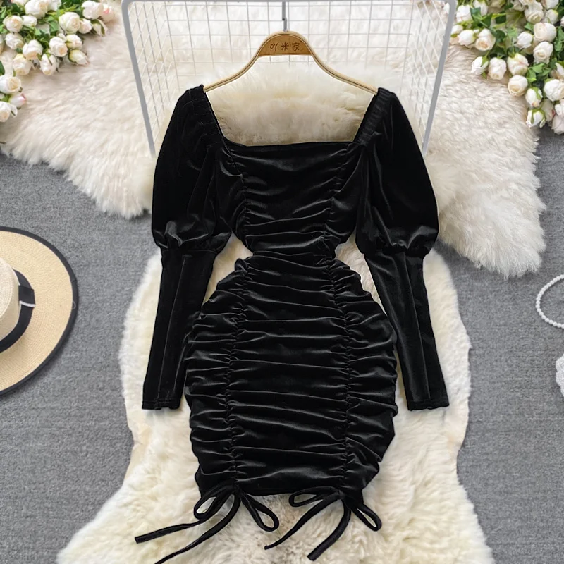 

2021 Autumn Winter Velvet Bodycon Mini Dress Women Long Puff Sleeve Square Collar Slim Drawstring Ruched Party Dress Club Outfit