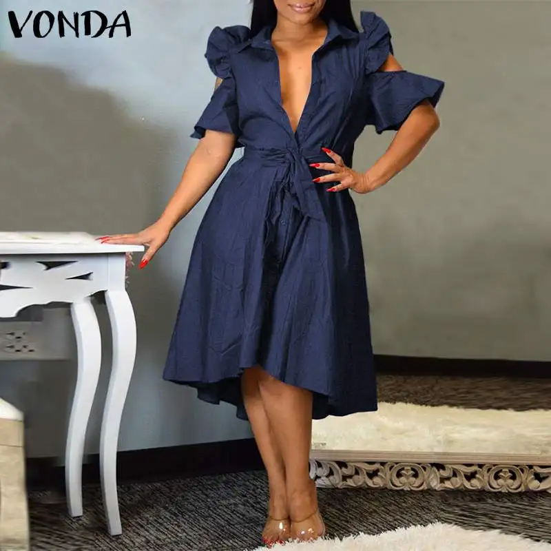 VONDA джинсовое платье для женщин в богемном стиле с открытыми плечами глубоким v