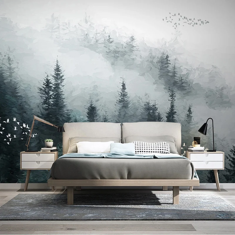 Фотообои в китайском стиле с облаками сосновые леса летающая птица картина