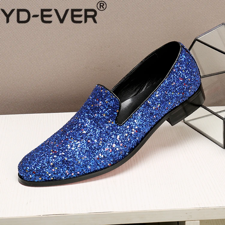 British blue hidden heel shoes for men solid slip-on dress wedding loafers causal velvet slippers glitter genuine leather brogue | Обувь