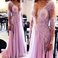 sexy see through applique lace evening dresses illusion deep v neck long sleeves lavender chiffon special occasion dress