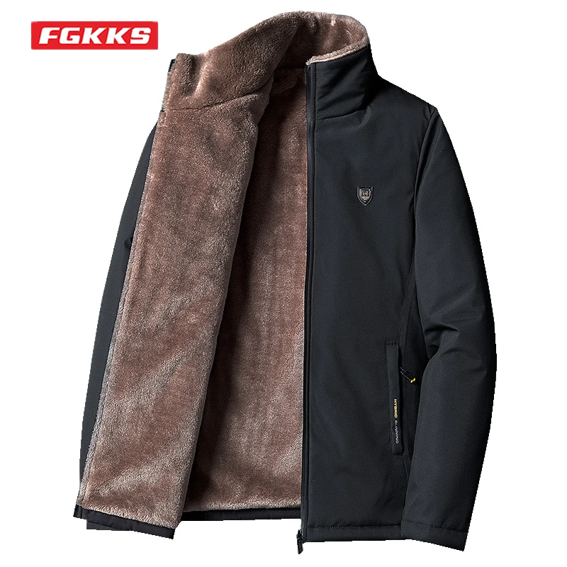 

FGKKS Men's Fleece Jacket Fashion Warm Thick Windproof High Quality Fur Collar Coat Plus Size Brand Fashion Winter Jacket Male