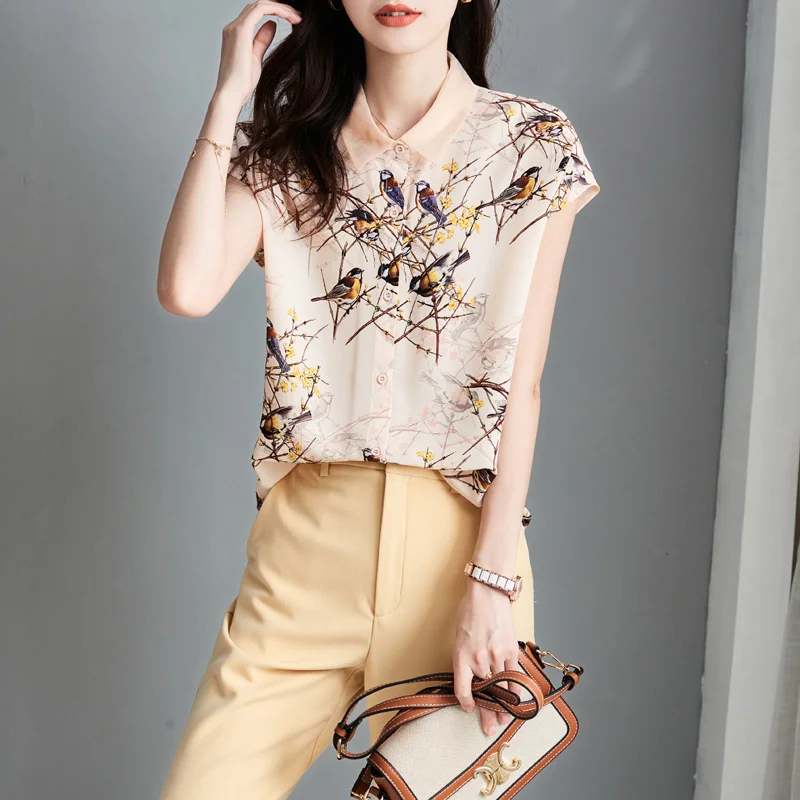 

Short-sleeved chiffon shirt women Amoi loose fashion beautiful western style small shirt high-end chiffon top shirt