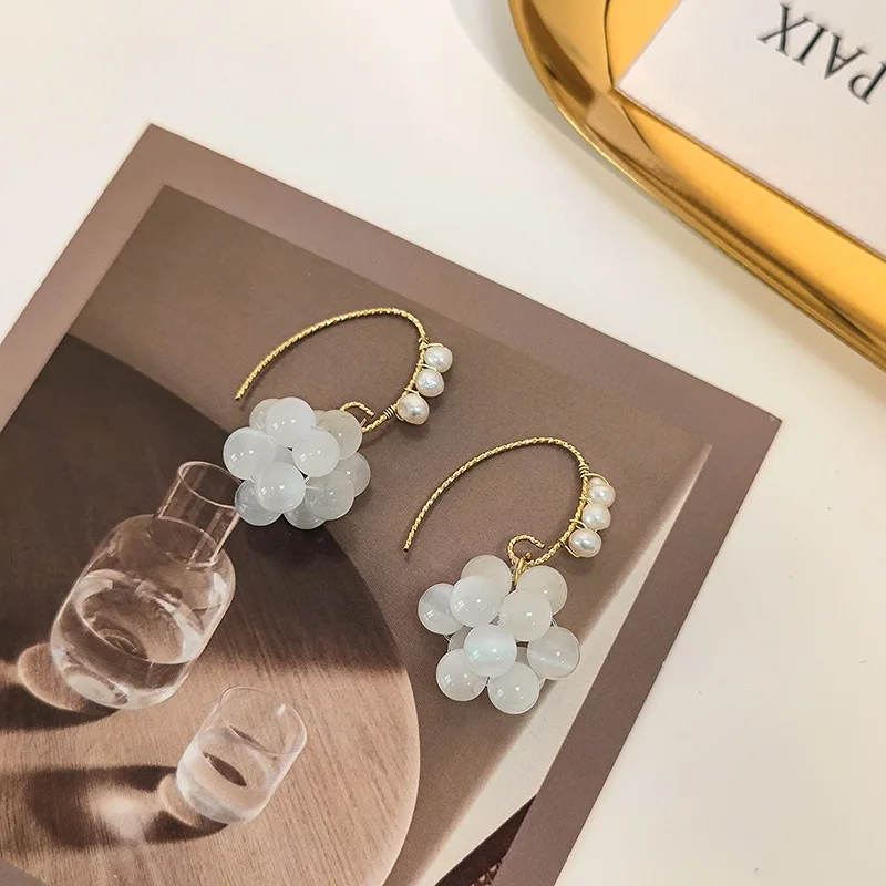 

Natural Freshwater Pearl Earrings Transparent Crystal Opal Grapes Flower Ear Hook For Women Elegant Lovely Fashion Jewelry