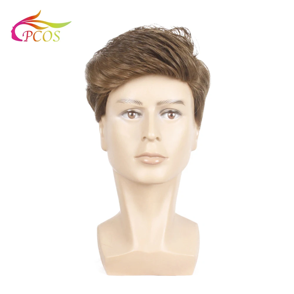 Short Wave Synthetic Wig for Men Male Hair Natural Fleeciness Brown Shaped Hair Wigs for Father Gift+Free Wig Cap