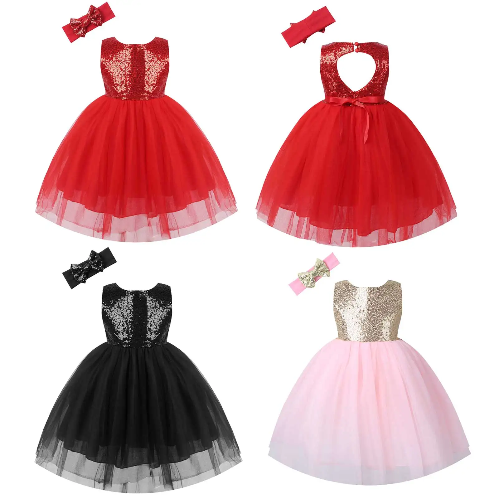 

Kids Girls Princess Dress Shiny Sequined with Button Mesh Tutu Dress with Headband Birthday Wedding Party Performance Costume
