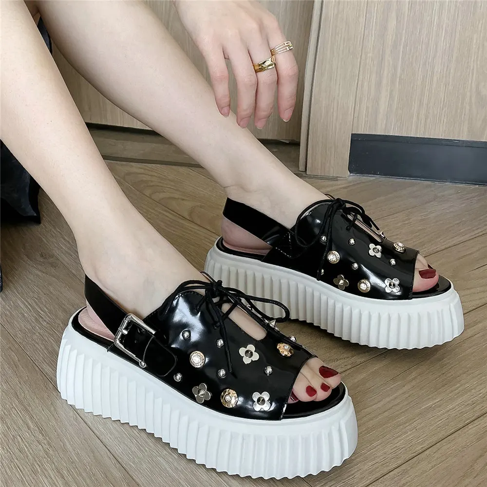 

Women Lace Up Cow Leather Wedges High Heel Roman Gladiator Sandals Female Open Toe Chunky Platform Fashion Sneakers Casual Shoes