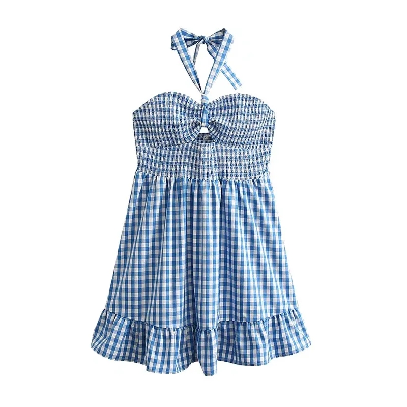 

Merodi Womens Spring Elegant Lace Up Strap Blue Mini Dress Chic Lady Casual Pliad Print High Waist Elastic Bust Short Dresses