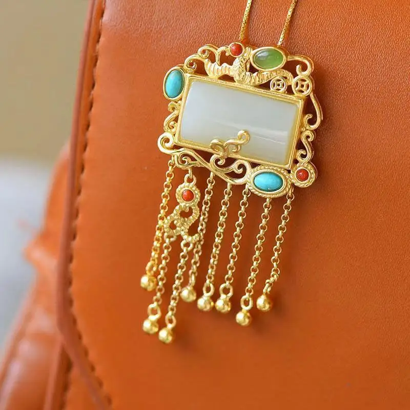 

Элегантное ожерелье с нефритовой кисточкой в этническом стиле, Женское Ожерелье из стерлингового серебра S925 пробы с инкрустированным нефр...