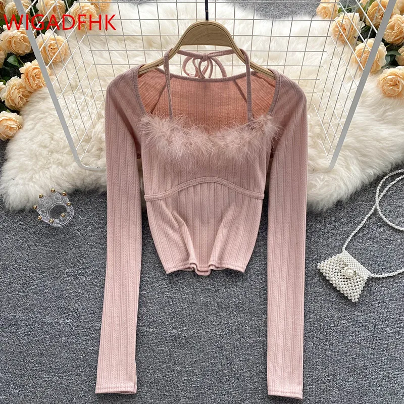 

Fashion Hanging Neck Exposed Clavicle Fur Stitching Long-sleeved T-shirt Bottoming Shirt Women's Slim Short Western-style Top