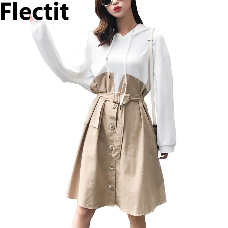 Flectit/корейское модное женское платье с капюшоном длинными рукавами на пуговицах