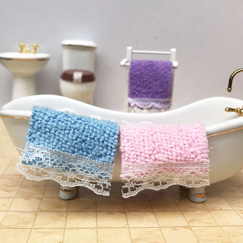 

1:12 Mini Doll House Bathroom Shower Lace Towel Soft Dollhouse Cute Decoration Lace Towel Rack Furniture Accessories