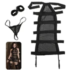 Соблазнительные Экзотические костюмы из черной сетки с открытой промежностью в комплекте прозрачные наручники для ролевых игр пикантное нижнее белье комплект нижнего белья