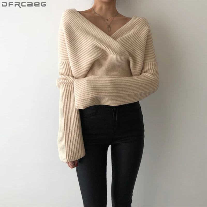 

Женский трикотажный свитер-туника с длинным рукавом и V-образным вырезом