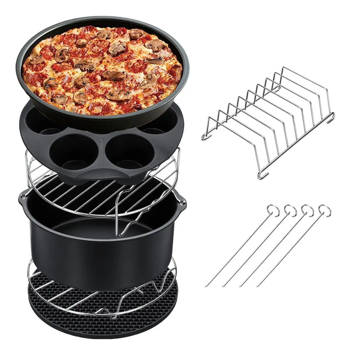

8'' Silicone Air Fryer Cake Barrel Pizza Pan Home Grill Cooking Tools For 5.2~5.8QT Air Fryer 7-in-1 Air Fryer Accessories Set