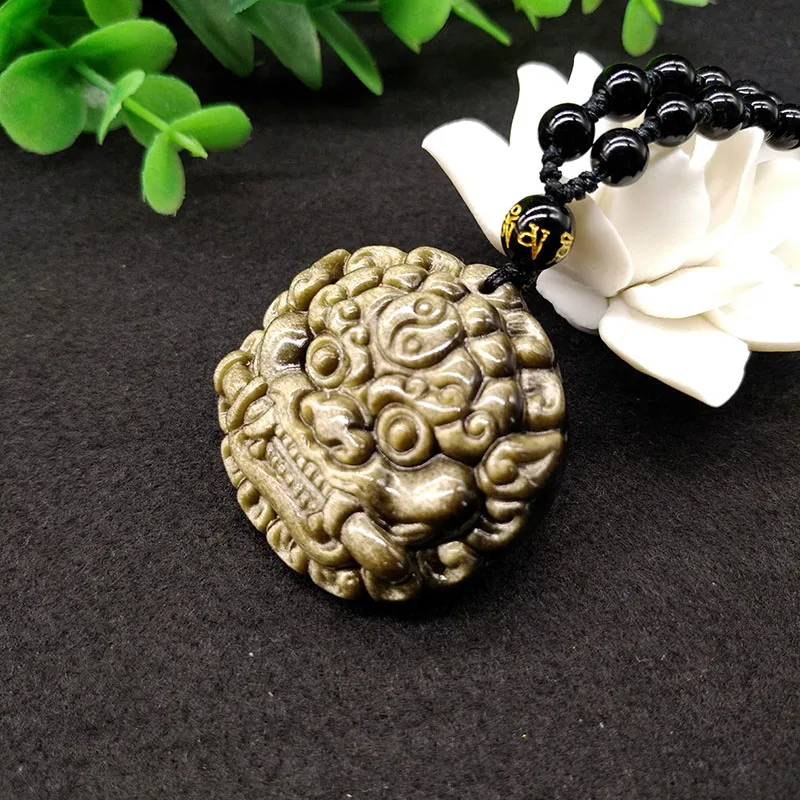 SHIYM Прямая поставка золотой обсидиан Foo Dog ожерелье с подвеской в форме головы