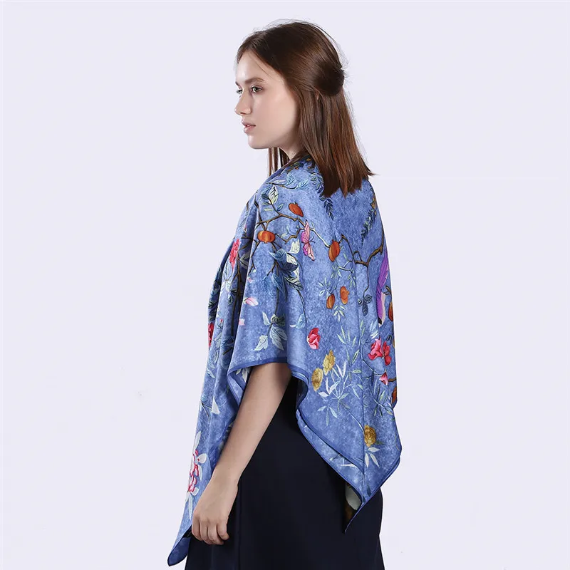 2020 Новый женский Шелковый большой квадратный шарф с принтом цветов и птиц 130 см
