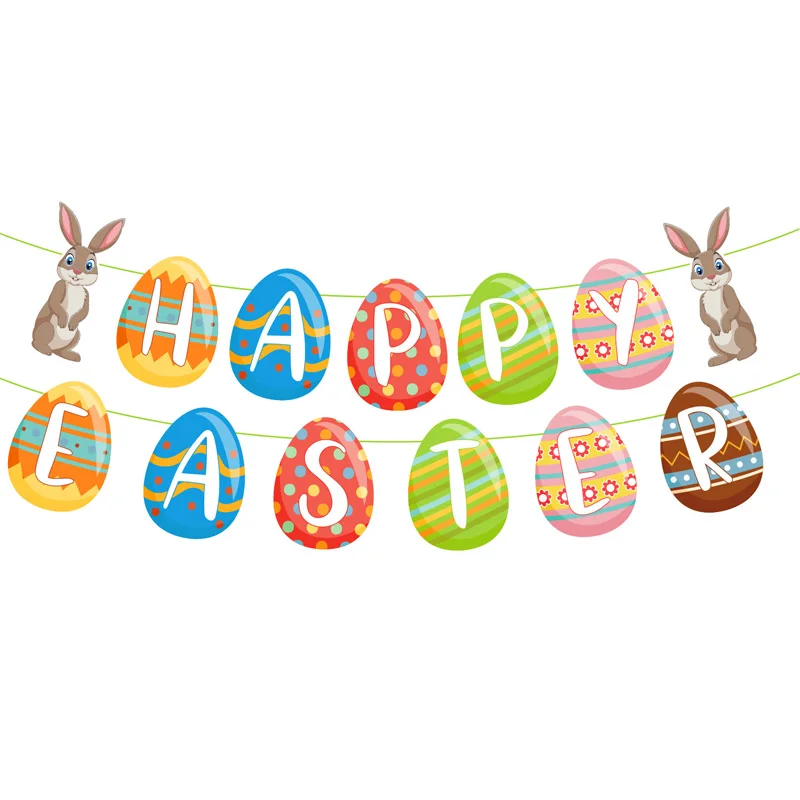 

Happy Easter Rabbit Bunny Egg Banner Garland Wall Hanging Bunting Flag Home Decorations