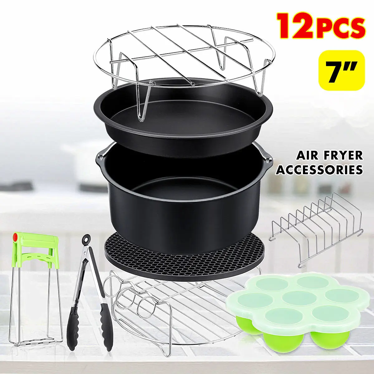 

12Pcs Air Fryer Accessories 7 Inch for Air fryer 3.2~6.8QT Baking Basket Pizza Plate Grill Pot Kitchen Cooking Tools for Party