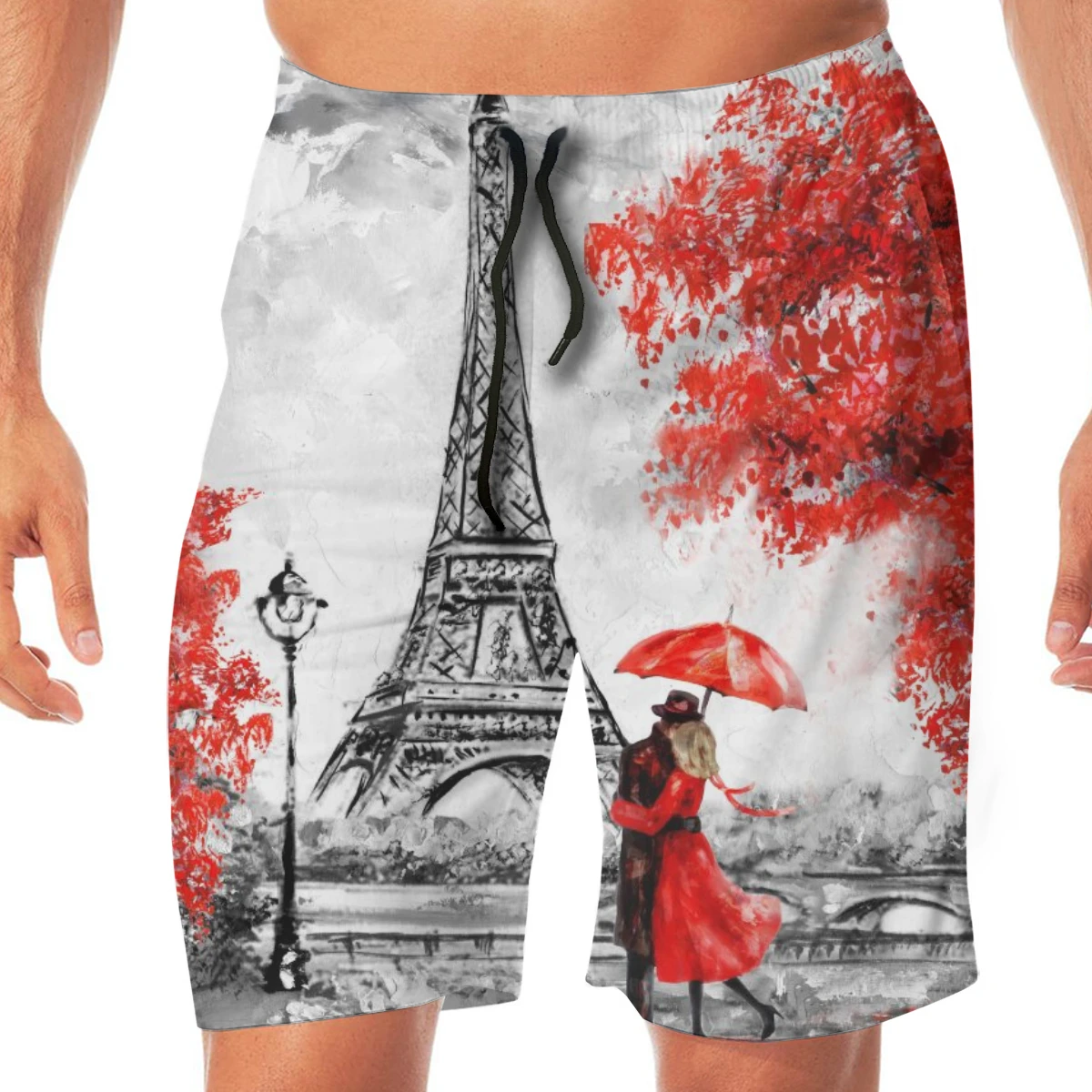 

Men Casual Summer Hawaiian Beach Pants Half Trousers Couple Under Umbrella On Eiffel Tower