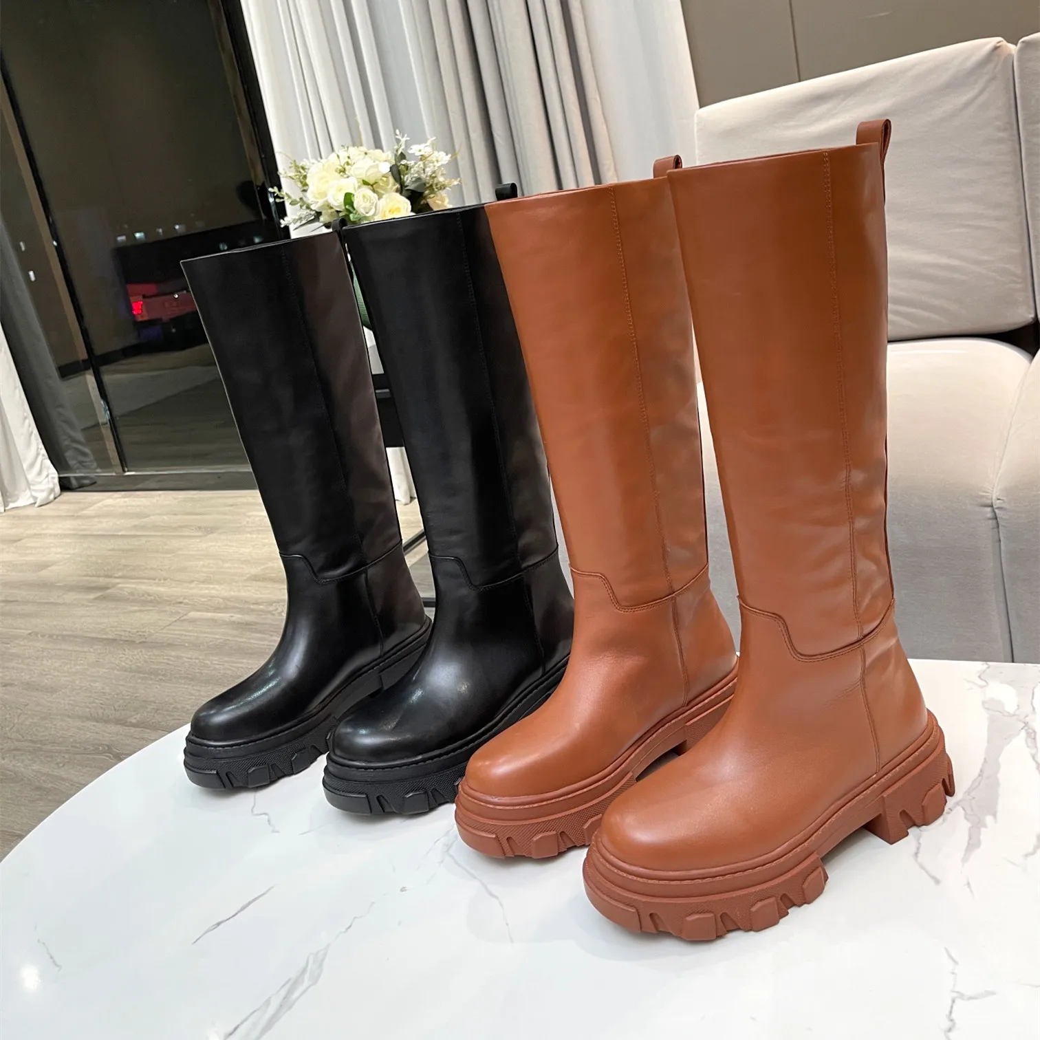 

Hot Sale Women Platform Round Toe Slip On Boots Ladies Solid Genuine Leather Knee-length Boots Botas De Mujer Designer Shoes