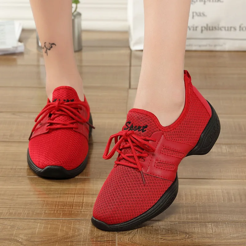 

Ghost Step Dance Shoes Women's Flying Woven Mesh Breathable Women's Shoes Red, White and Black Soft Sole New Vulcanized Shoes