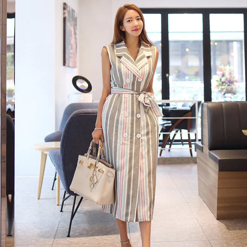 

Striped Print Summer Long Dress Women Double-Breasted Ankle-Length Notched Pencil Dress Office Lady Plus Size with Belt A969