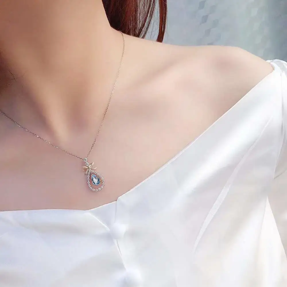

HOYON Bowknot Clavicle Chain Imitation Brazil Aquamarine Pendant 18K Gold color Imitation Zircon Topa Blue Water Drop Necklace