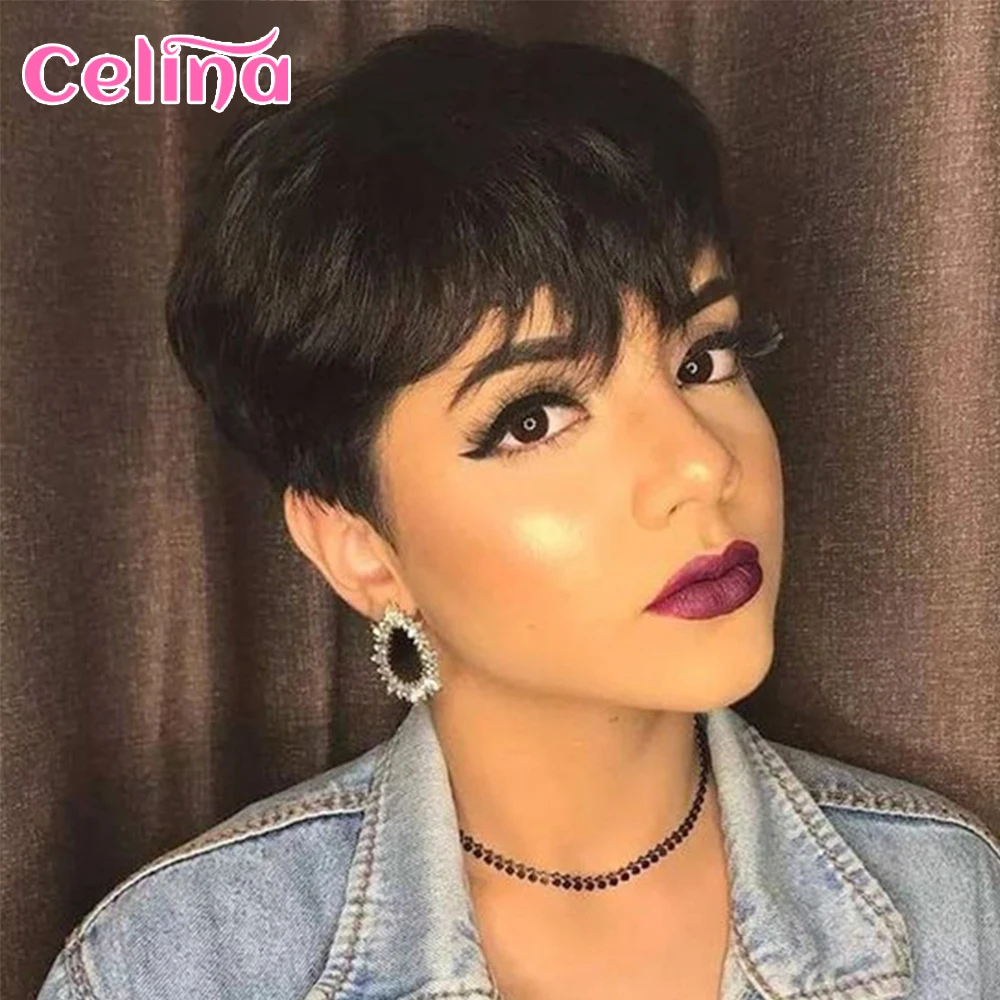 

Парик из натуральных волос с челкой, с короткой стрижкой Пикси, прямые человеческие волосы, парики для чернокожих женщин, дешёвый блонд с эф...