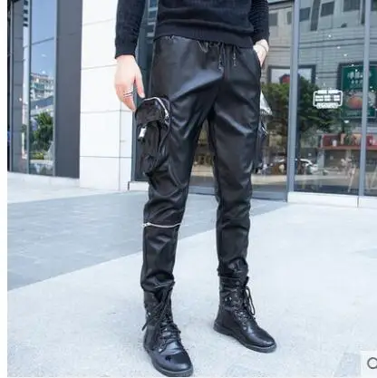 Новые зимние плюс бархатные толстые кожаные штаны Мужская Корейская приталенная