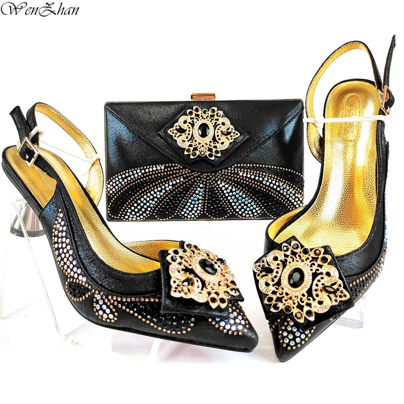 

New Black Elegant Ladies Shoes Matching Bag Italian Design Rhinestone Lower Heels Shoes 7cm And Bag Wedding Set WENZHAN b210-20