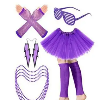 purple Костюмы для косплея 80 s, набор костюмов включает в себя ажурные перчатки пачка юбка гетры неоновые серьги и вечерние аксессуары для 80s - Цвет: purple