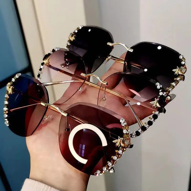 

High Quality Luxury Brand Design Sunglasses Women Fashion Bee Rhinestone Sun Glasses Rimless Retro Eyeglasses Gafas De Sol Mujer
