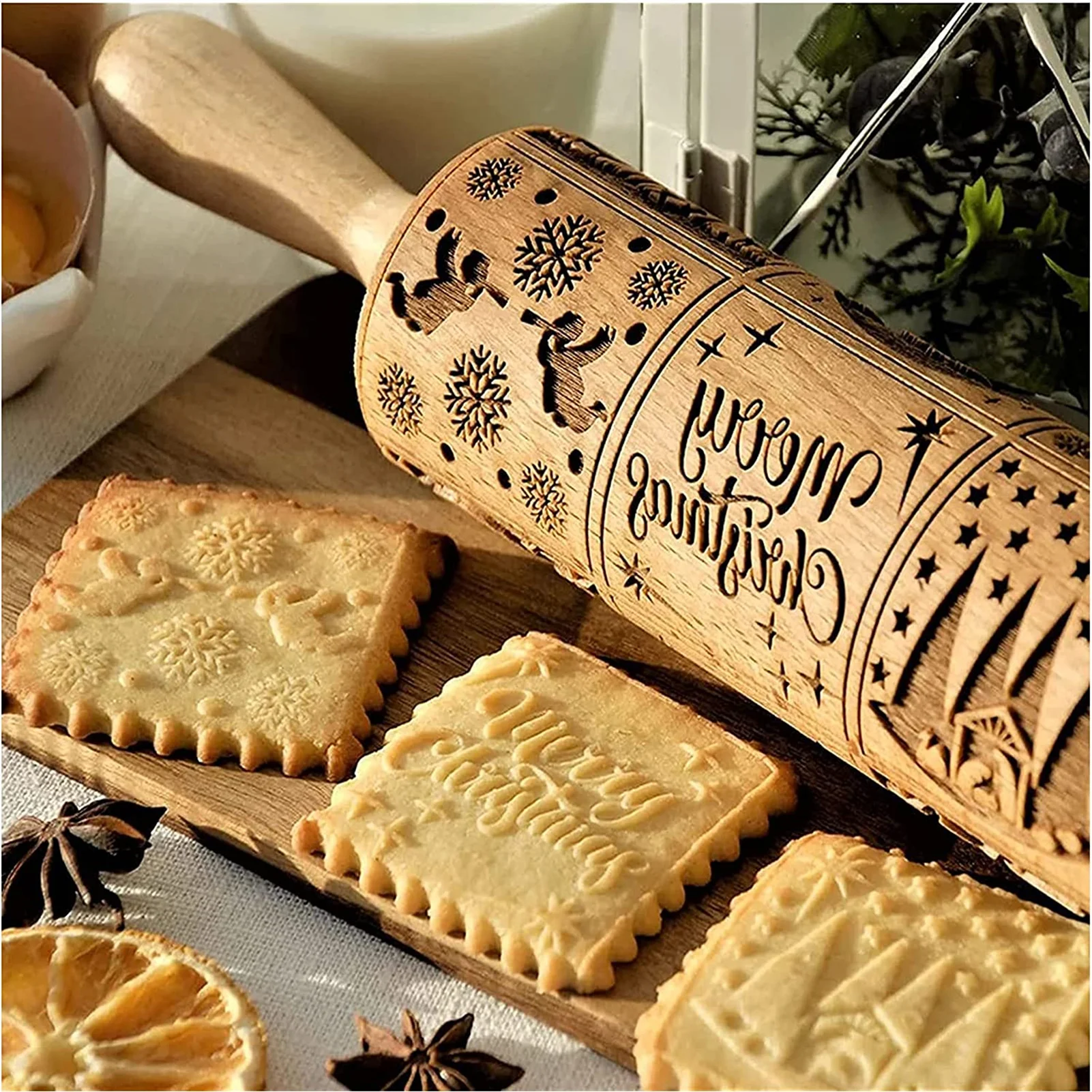 

Nativity Engraved Rolling Pin Non-Stick Wooden Embossed Dough Roller Christmas Rolling Pins for Cookies Pies Clay Kitchen Tool