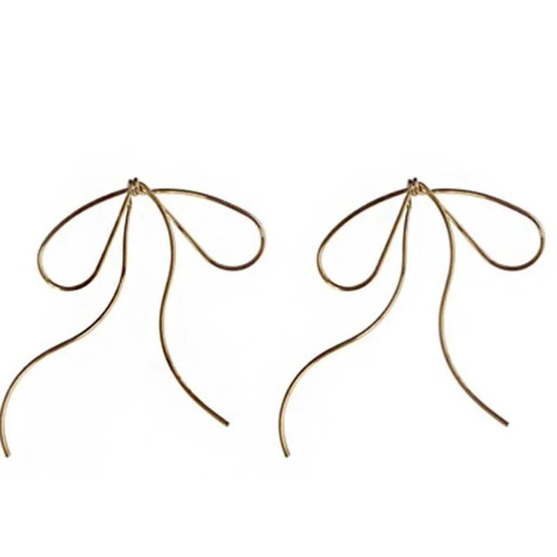 

2021 Korean design fashion jewelry simple Golden color metal line bow earrings elegant female Long Drop Earrings