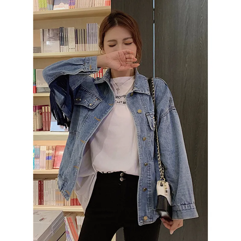 

Denim Women Jacket New Spring Vintage Floral Embroidery Suede Fringe Loose Coat Long Sleeve Outerwear Female Boho Jacket A028
