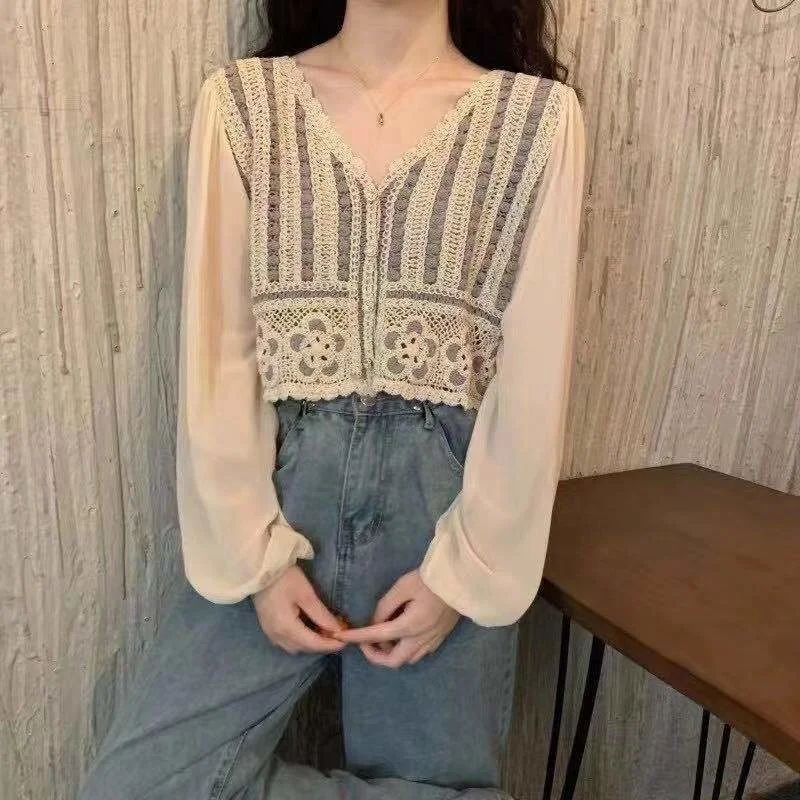 

Женские рубашки с вязаным крючком, в Корейском стиле, весна-осень, 2021