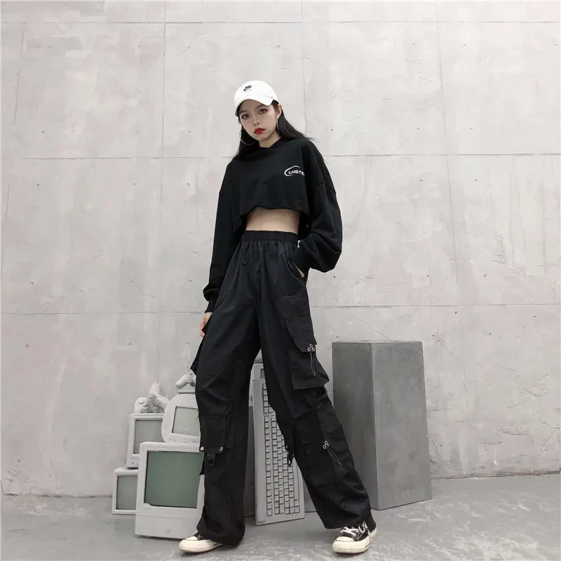 

#1549 Summer Black Cargo Pants Women Side Big Pockets Wide Leg Pants Hip Hop Loose Thin Elastic Waist Track Pants Women Harajuku