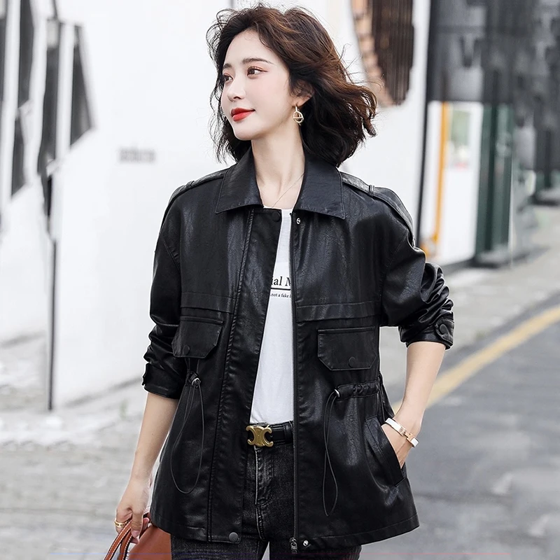 New Women Leather Jacket Spring Autumn 2022 Fashion Moto Biker Coat Drawstring Loose Sheep Leather Tops Sheepskin Trench Coat