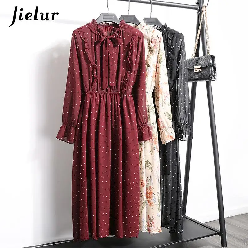 Jielur S-XL размер шифоновое платье женское с бабочкой и рюшами винтажное цветочное