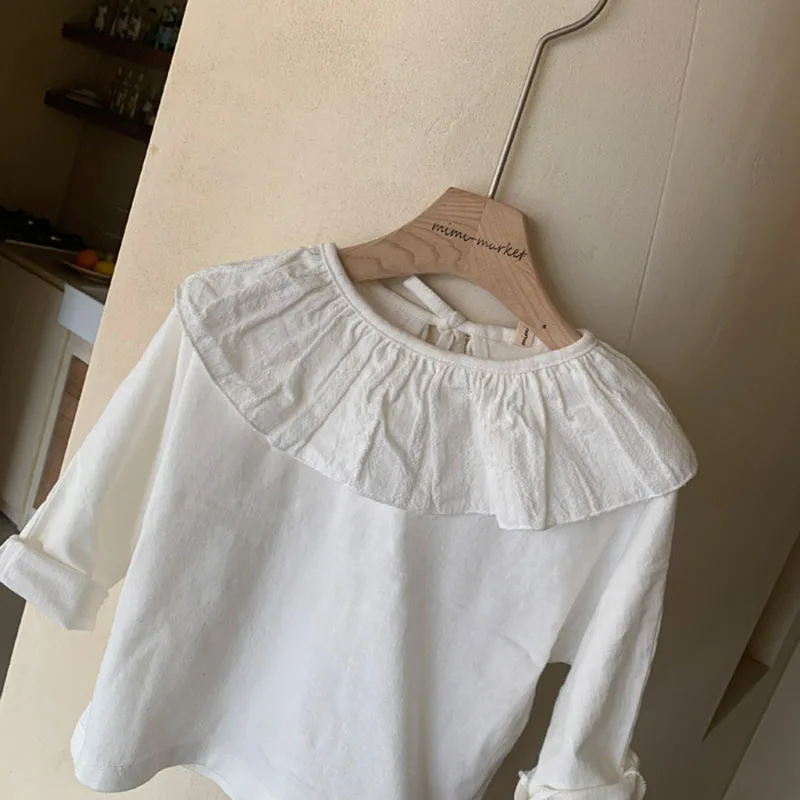 

2021 Summer New Kids T-shirt Long Sleeve Solid Peter Pan Collar Clothes