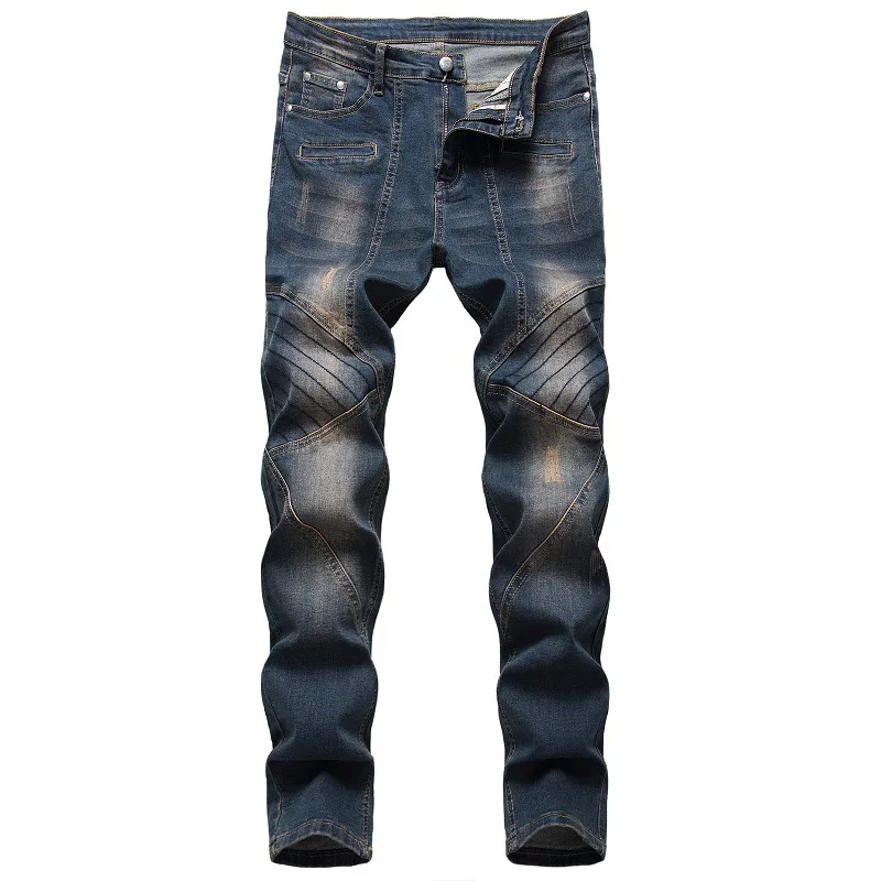 

European American Trade Men's Jeans Elastic Nostalgia Worn Denim Pants Fashion Ripped Biue Trousers Motorcycle Hip Hop Costume