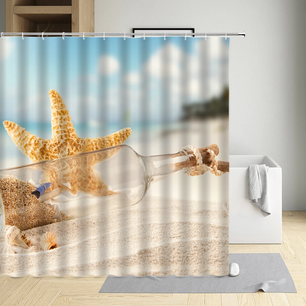 

Summer Seaside Shower Curtain Starfish Conch Shell Pineapple White Sandy Beach Drifting Bottle Straw Hat Cloth Bathroom Decor