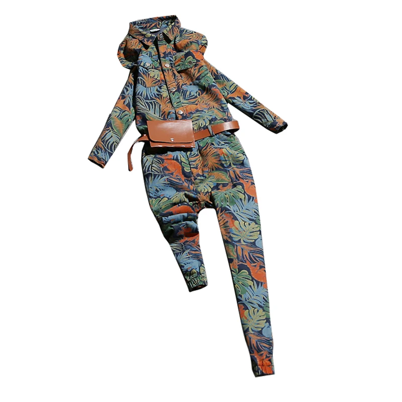 

2020 autumn denim women jumpsuits sets floral turn-down collar long-sleeved button slim ankle length female street wear pants
